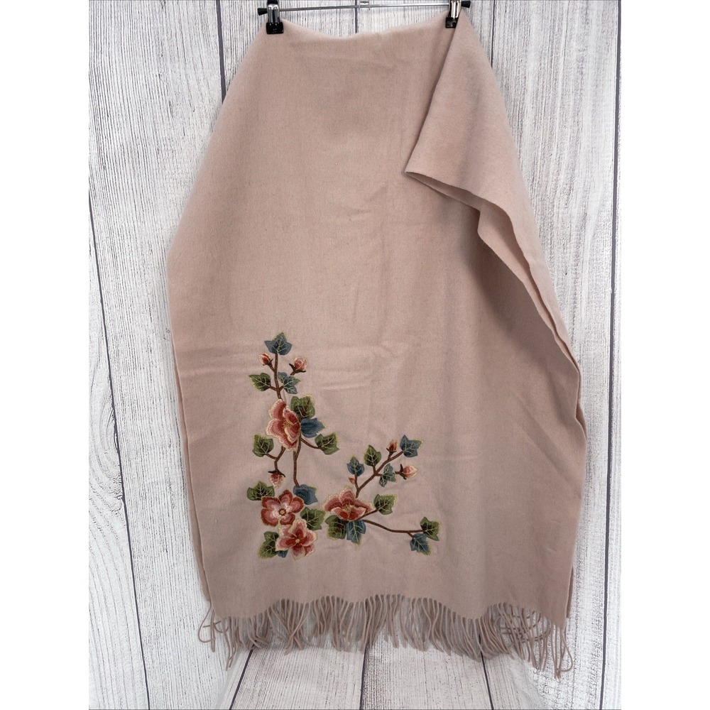 La Seine Wool Scarf Oatmeal Blush Pink Embroidered Floral Wrapper Fringe